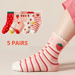 5 Pairs Strawberry Children's Socks Autumn and Winter Four Seasons Girls' Middle School Children's Princess Lace Socks