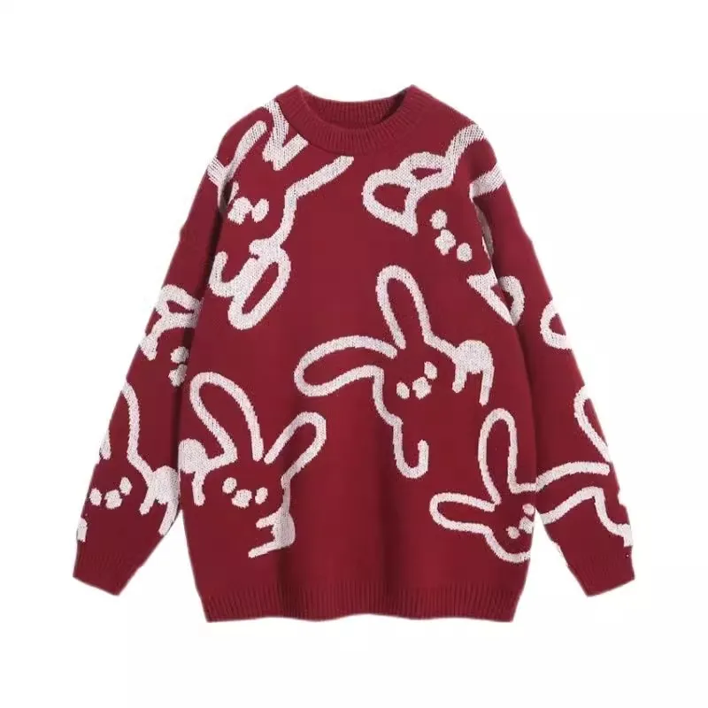 New Year Rabbit Pattern Red Knitted Sweater for Men and Women 2023 Winter Round Neck Long Sleeve Casual Couple Christmas Sweater