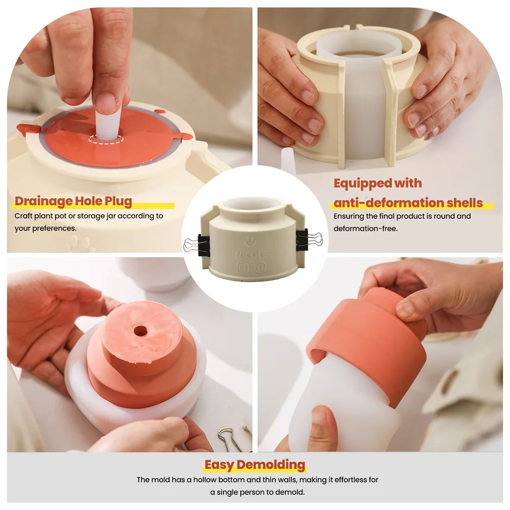 DIY Plant Pot Silicone Molds for Concrete with Drainage Hole Plug Handmade Succulent Candle Storage Pot Cement and Plaster Mould