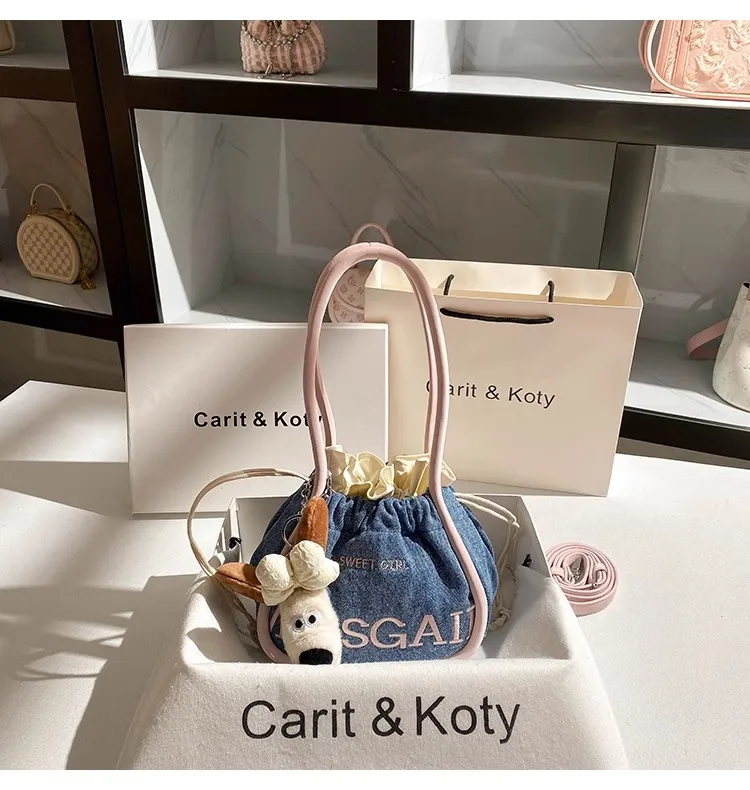 

Fashion String Denim Hobo Bag Embroidery Letter Women Handbag High Quality Textured Clutch Purse Luxury Shoulder Crossbody Bag