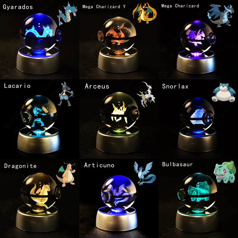 Pokemon 3d bola de cristal pikachu gengar mew mewtwo estatuetas base da lâmpada pokeball 3d pokemon bola de vidro estátua crianças presente aniversário