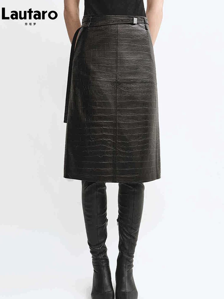 

Юбка Lautaro из мягкой искусственной кожи с крокодиловым принтом, черная, до колена, элегантная, шикарная, дизайнерская, А-силуэт, для женщин, весна-осень