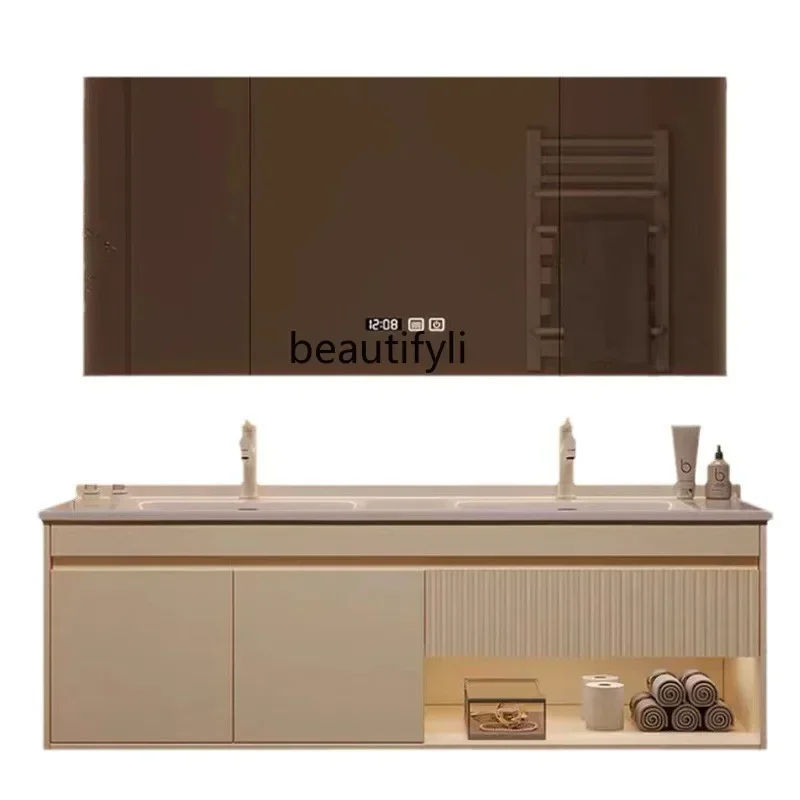 

Ceramic Integrated Double Basin Bathroom Cabinet Combination Bathroom Intelligent Oak Washstand Face Hand Pool