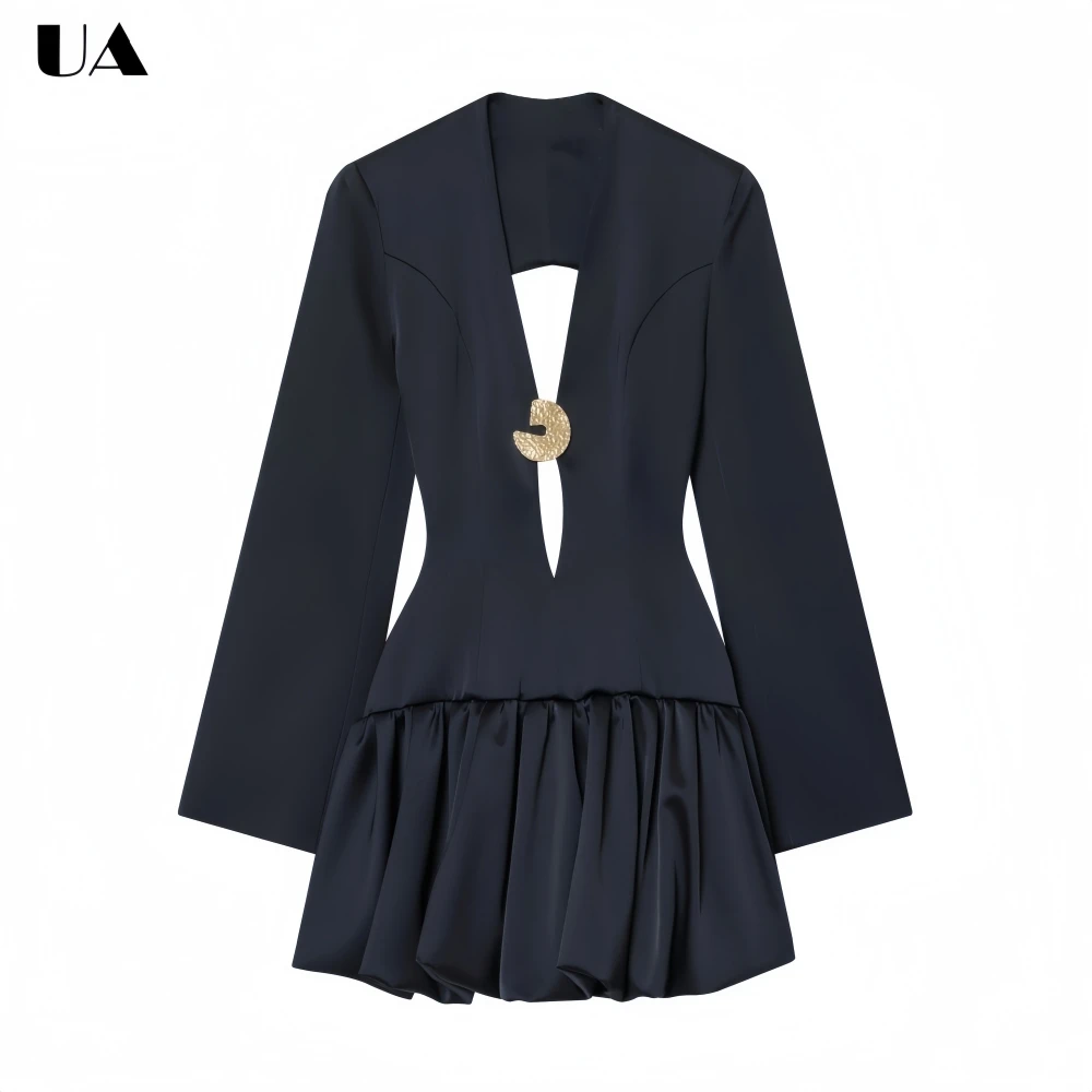 

Trendy Fit-and-flare V-neck Mini Dress with Bubble Hem, Hotsweet Backless Short Dress for Woman, Fashionable Solid Party Dress