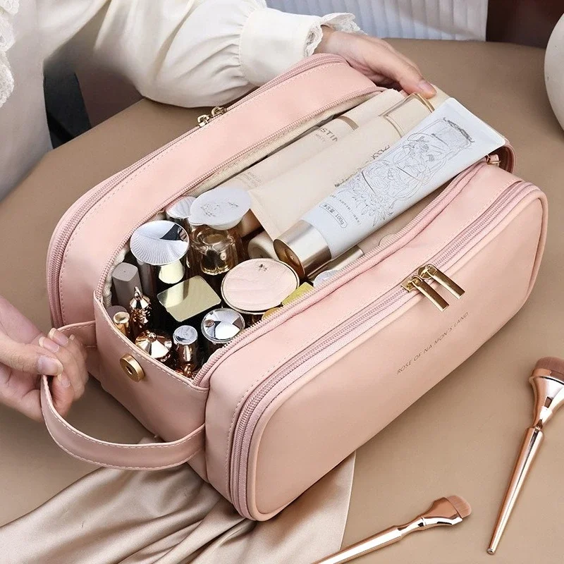 Double Zipper Handheld Portable Makeup Bag, High-End and High-Value Cosmetics Storage Bag, New PU Three-Layer Travel Bag WJ042