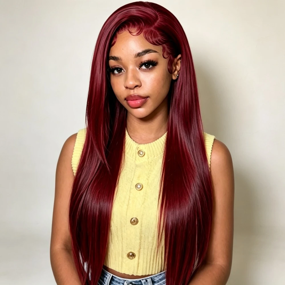 99J Burgundy Red Straight Brazilian Human Hair Wig 46 Inch 200% Density 13x6 HD Transparent Lace Frontal Wig Pre Plucked With Baby Hair Natural Hairline Lace Front Wigs For Black Women