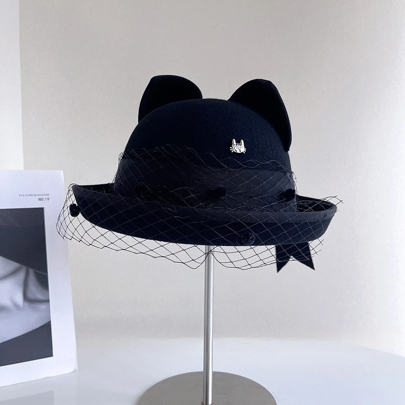 آذان قطة لطيفة براقة مع حواف مزركشة قبعة قماش شبكية من الصوف الأسترالي قبعة دلو عتيقة نمط فريد قبعة صياد عصرية #2