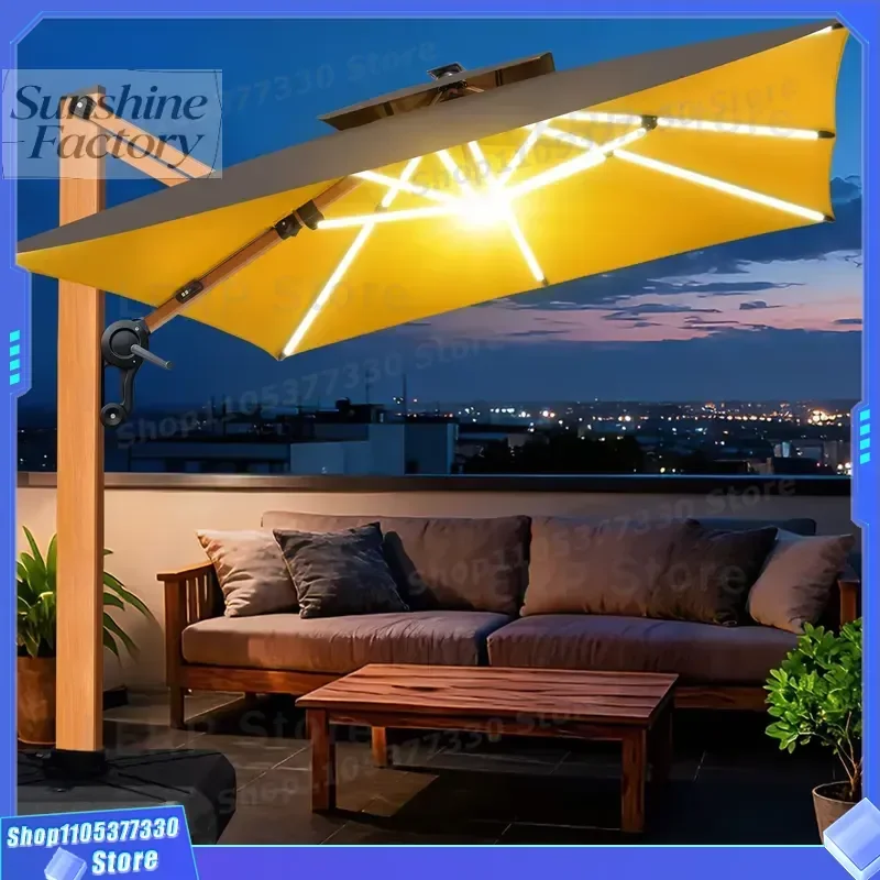 Outdoor Modern Aluminum Frame Pole Anti-UV Windproof Restaurant Cantilever Umbrellas & Base Patio Umbrella with LED Solar