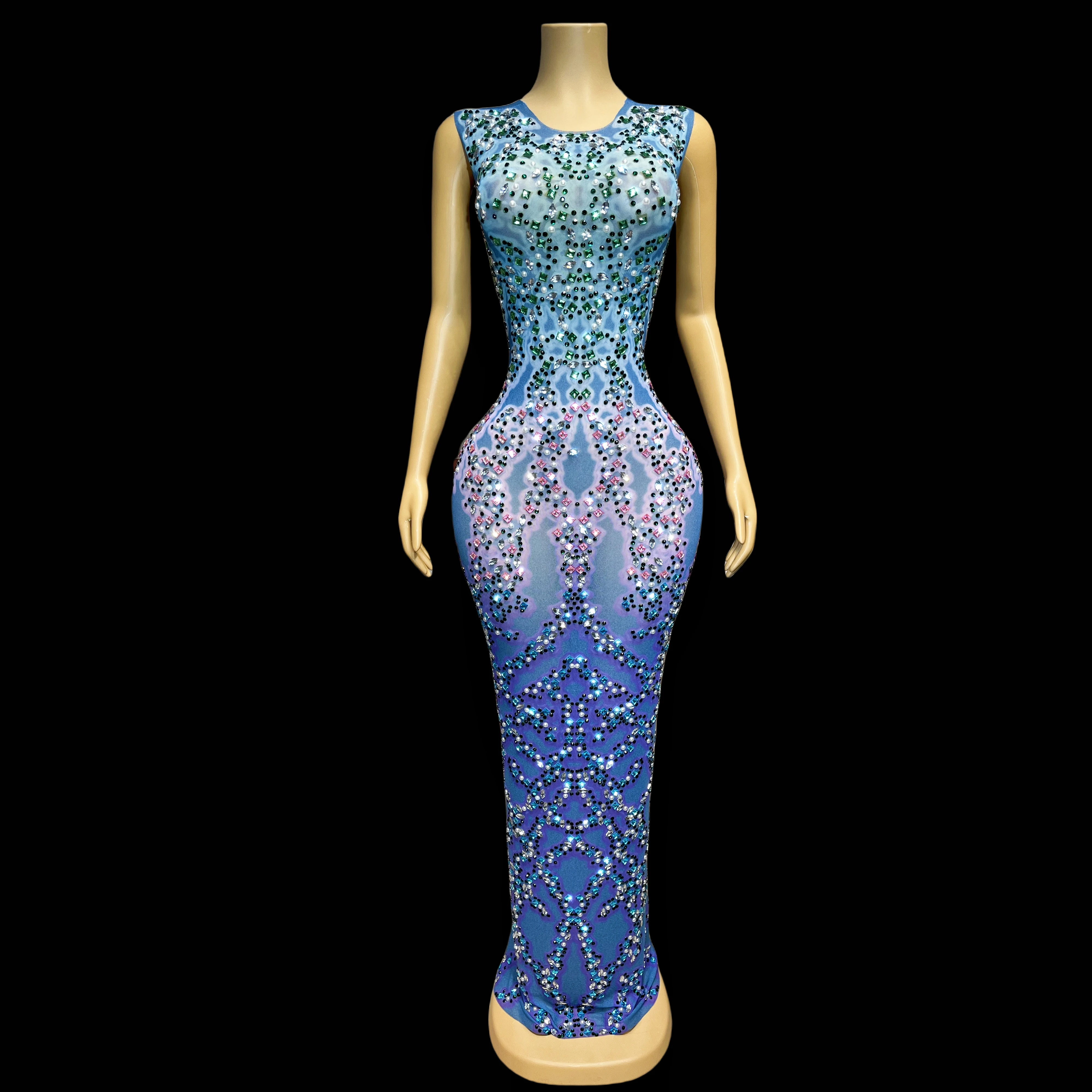

New Sparkling Colored Rhinestones Sexy Sleeveless Dress Birthday Party Celebration Outfit Diamond Birthday Party banlanye