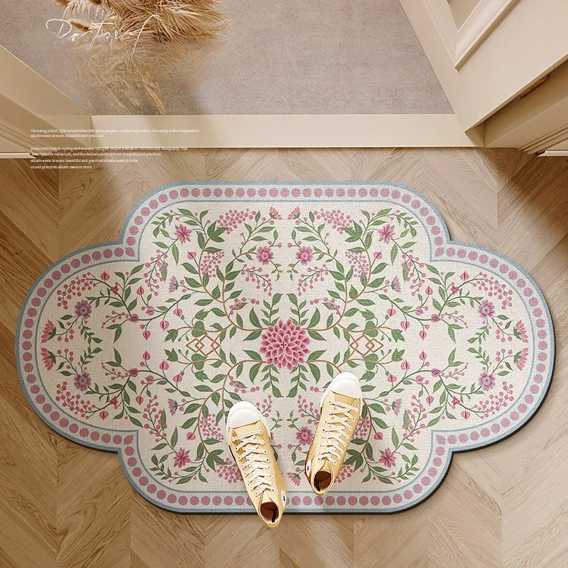 Japanese Retro Small Floral Diatomite Bathroom Door Mat, Water‑Absorbent Quick‑Dry Non‑Slip Floor Mat for Toilet Entrance