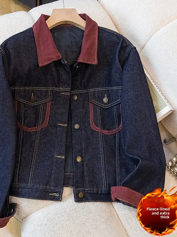 

Ретро-рубашка из денима в гонконгском стиле с флисовой подкладкой, утепленная, женская, осенне-зимняя, модный дизайн, с отложным воротником