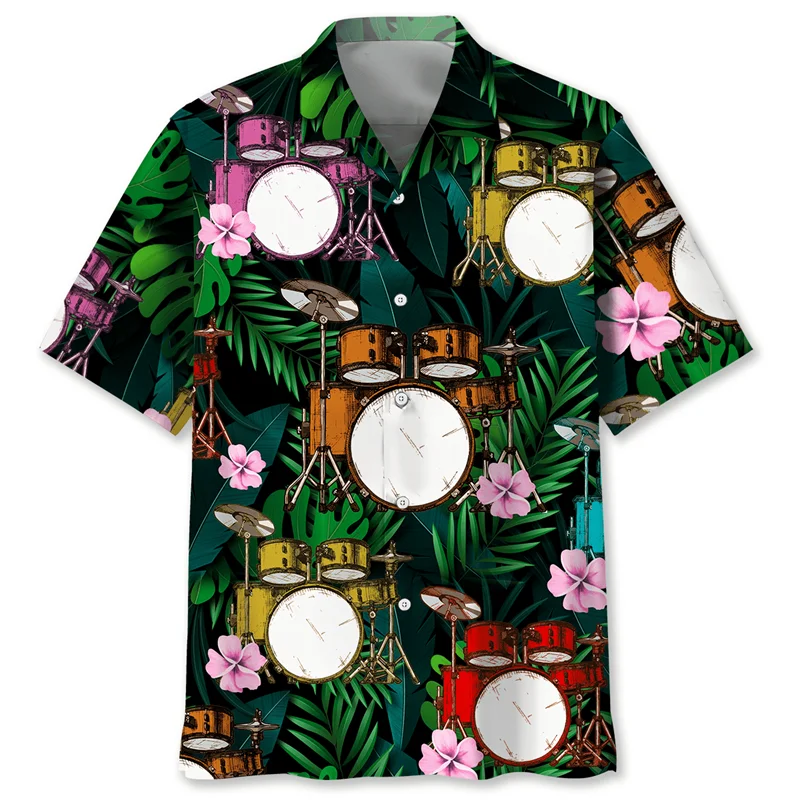 Vintage Drums 3d Printed Hawaiian Shirt For Men Musical Instruments Graphics Short Sleeves Shirts Street Loose Lapel Blouse