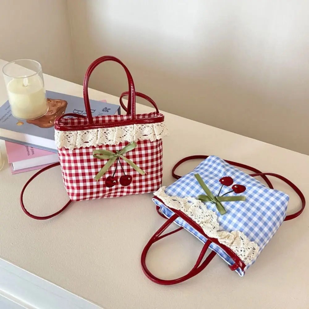 

Ретро-сумка в горошек с решеткой и вишней, милая кружевная клетчатая сумка с бантом для поездок на работу и отдыха, милая сумка через плечо для путешествий