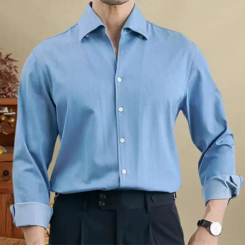 

Denim Blue Business Formal Dress Shirt Long Sleeve Shirt Men Streetwear British Style Casual All-match Solid Color Shirt Trendy