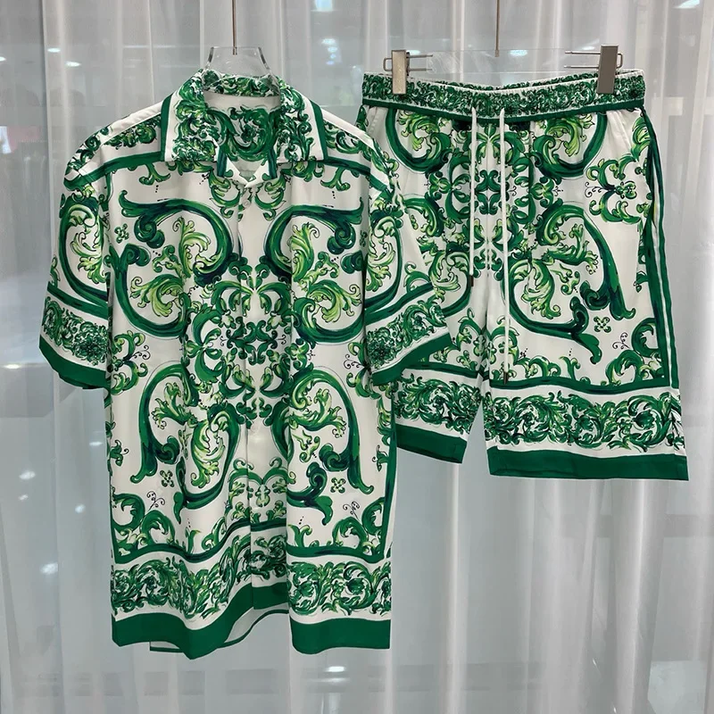Verano 2025, pantalón corto informal con estampado Digital, camisa de manga para hombre, pantalones cortos, conjunto de camisa hawaiana, moda juvenil transfronteriza, ropa modelo masculino