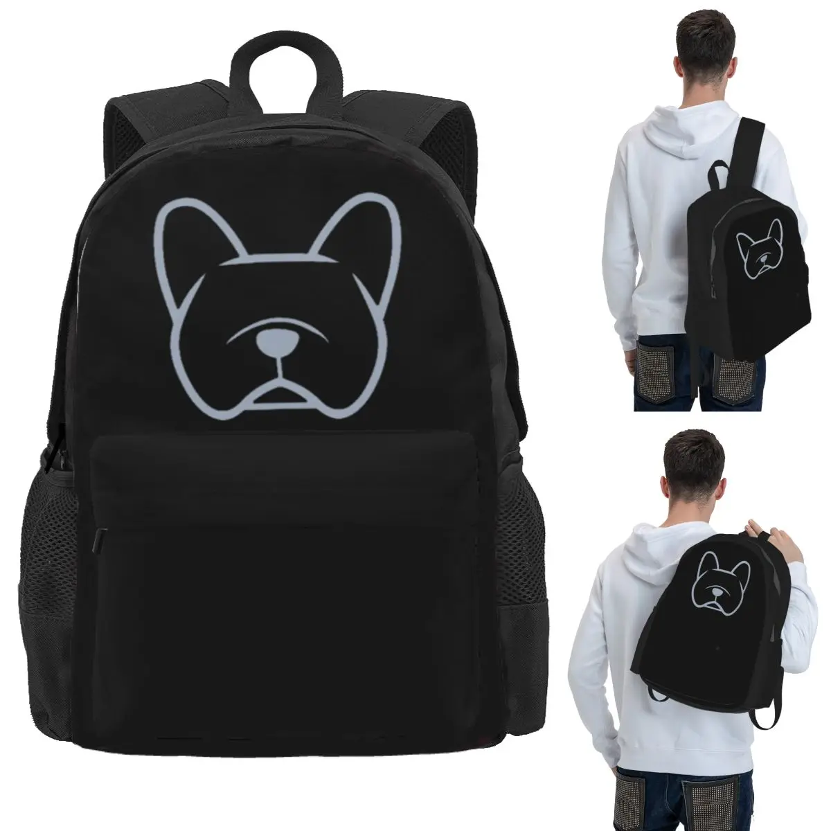 French Bulldog Face Silhouette In Light Gray On Navy Student Backpack School Bag Hiking Travel Daypack Bookbag Shoulder Bags