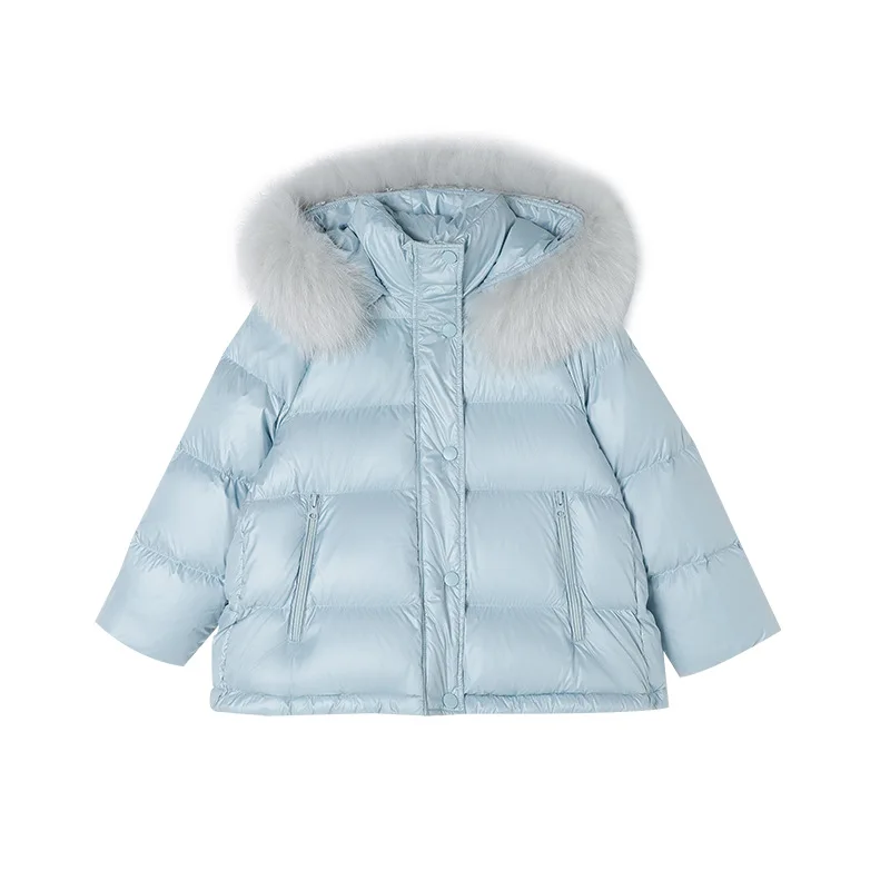 Warmer Winter-Puffermantel für Mädchen, hellblau, abnehmbarer Pelzkragen, mit Kapuze, wasserdicht, dick, Kinder-Oberbekleidung für kaltes Wetter A5105 – Detail 5