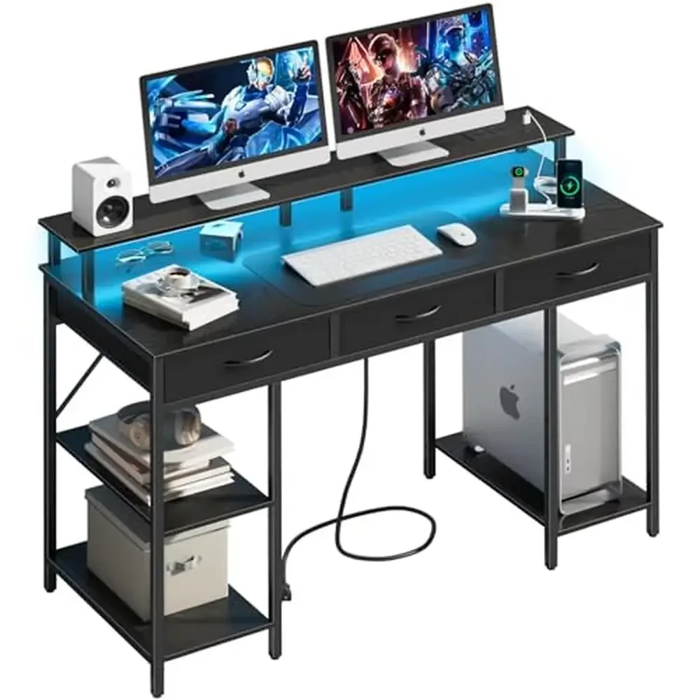 

48" LED Computer Desk with Drawers and Storage Shelves Office Gaming Desk with USB Ports Modern Home Desk with Reversible Design