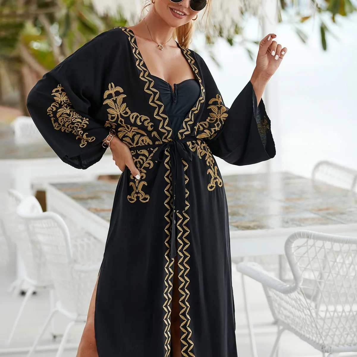 Black Vintage Golden Embroidered Long Kimono Cardigan Bikini Cover-ups Wrap Dress Beach Wear Swim Suit Cover Up  beach