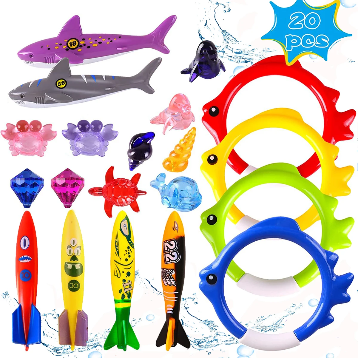 

20pcs Summer Pool Diving Swimming Toys Underwater Dive Gifts Torpedo Gems Shark Rings Sea Animals Fun Swim Games Sinking Set Toy
