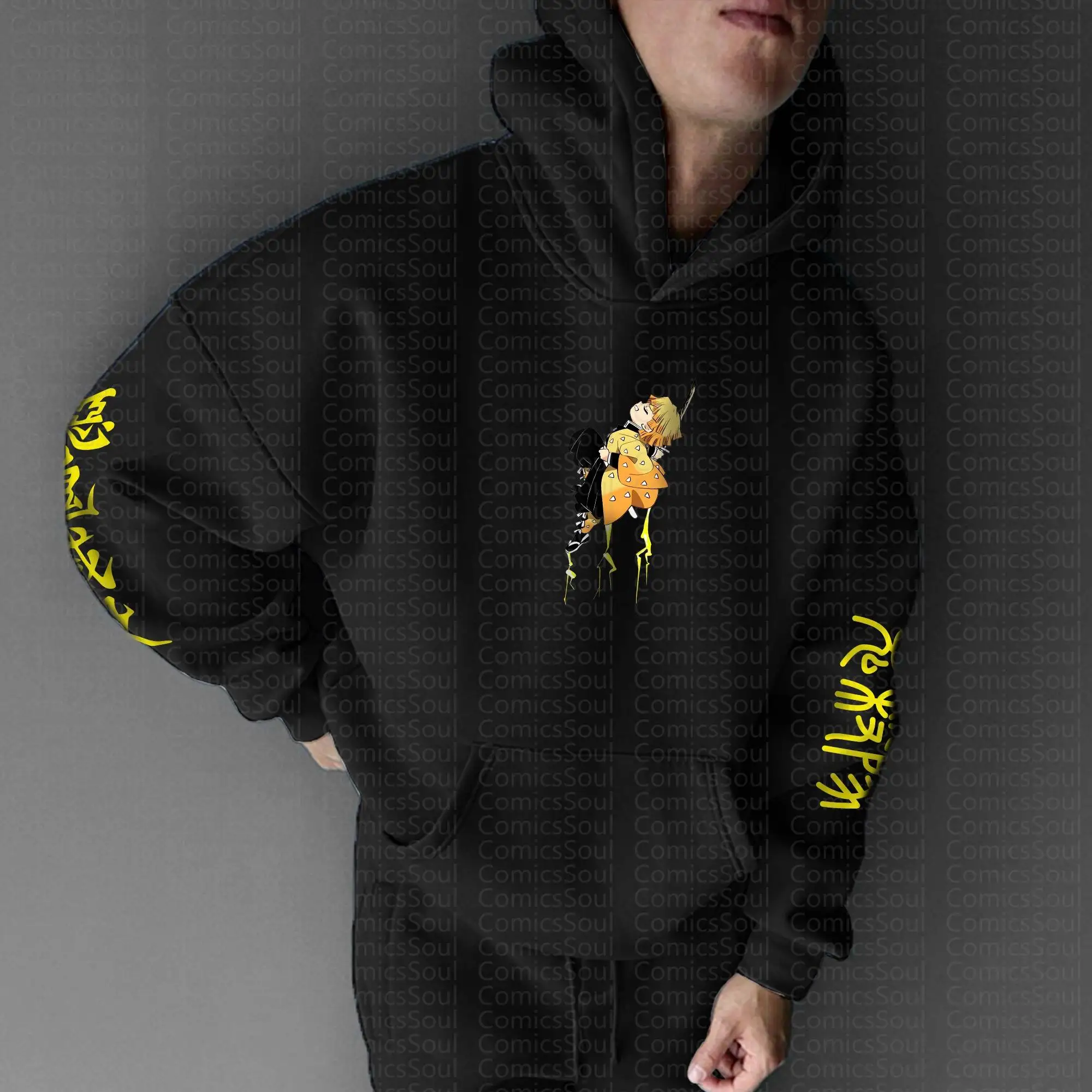 Zwarte Demon Slayer hoodieset met karakter achterkant Vlamprint Mouwpatroon Borst aan de voorkant Logo Kimetsu No Yaiba Tweedelige outfit