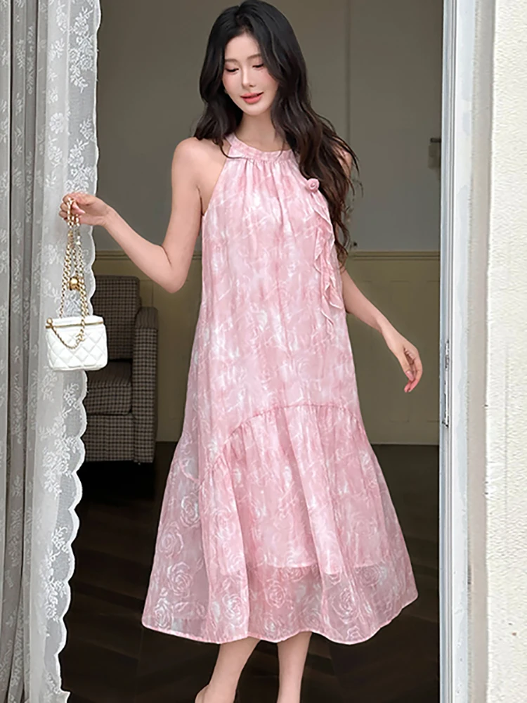 여성 핑크 플로럴 시크 러플 넥 드레스 여름 보헤미안 엘레강스 캐주얼 루즈 웨이스트 드레스 2025 한국 럭셔리 휴가 드레스