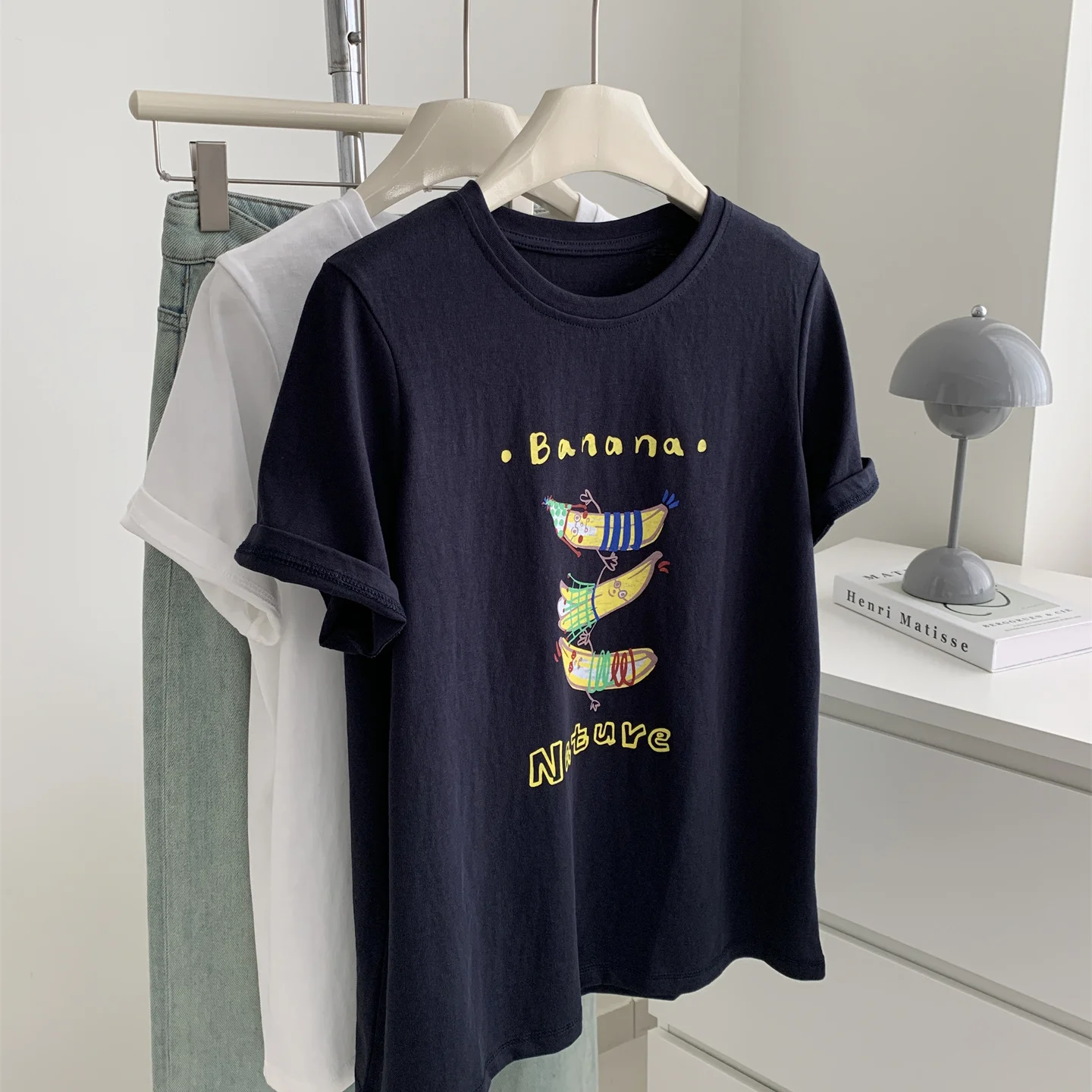 

Fun Cartoon Banana Print T-shirt For Women Loose Thin Snowflake Cotton Round Neck Short Sleeve Tops