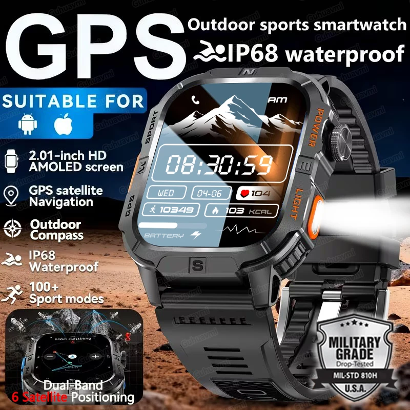 2026 Новые мужские военные GPS SmartWatch 2,01-дюймовый AMOLED-экран, двухдиапазонный GPS-компас, HD Bluetooth-вызов, 3 атм, водонепроницаемый спортивный браслет