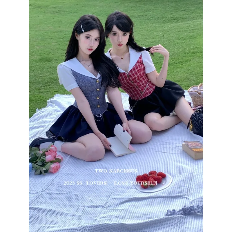 Estate dolce colletto blu scuro pantaloni tutu vuoti vestito Lolita abbigliamento donna Y2k estetica 2 colori elegante uniforme Jk carnevale