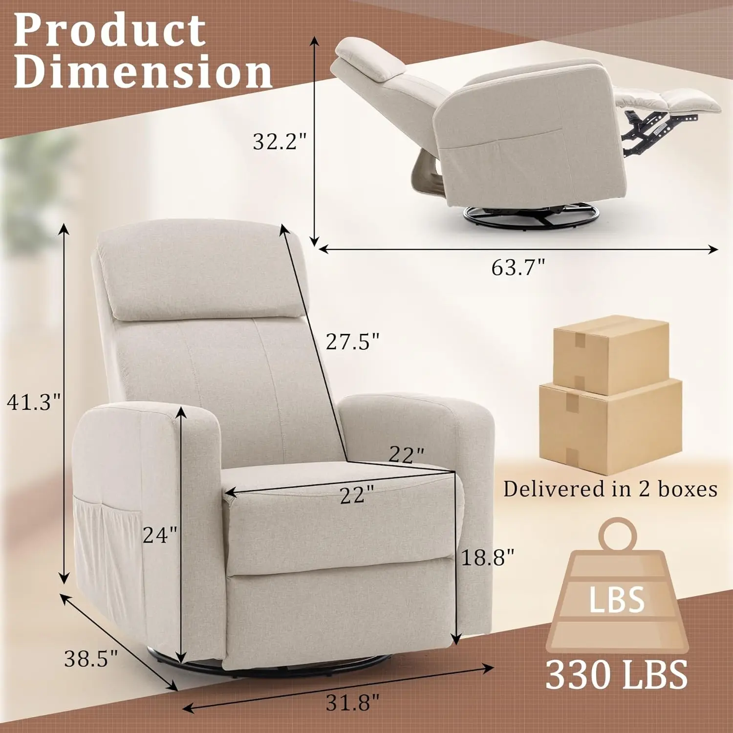 Power Recliner Chair for Adults, Swivel Rocker Recliner with USB Ports, Nursery Rocking Chairs with Side Pockets,, Custom