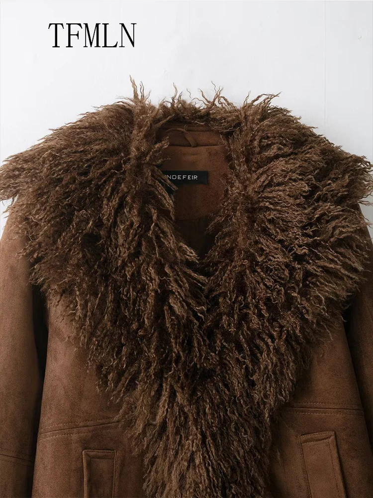 Warm Patchwork Faux Fur Jacket Women  2025 Autumn Winter Retro Covered Button Pockets Street Causal Coat Luxury Thick Outwear