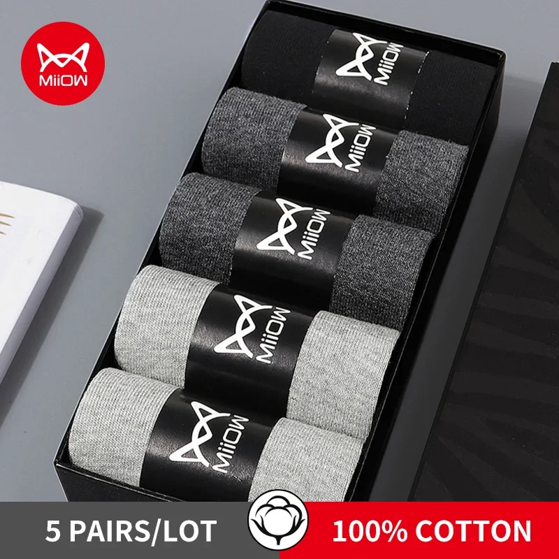 MiiOW 5 Pairs Men's Cotton Socks Black Business Men Deodorant Crew Socks Breathable Male Solid Color Casual Man Socks Plus Size