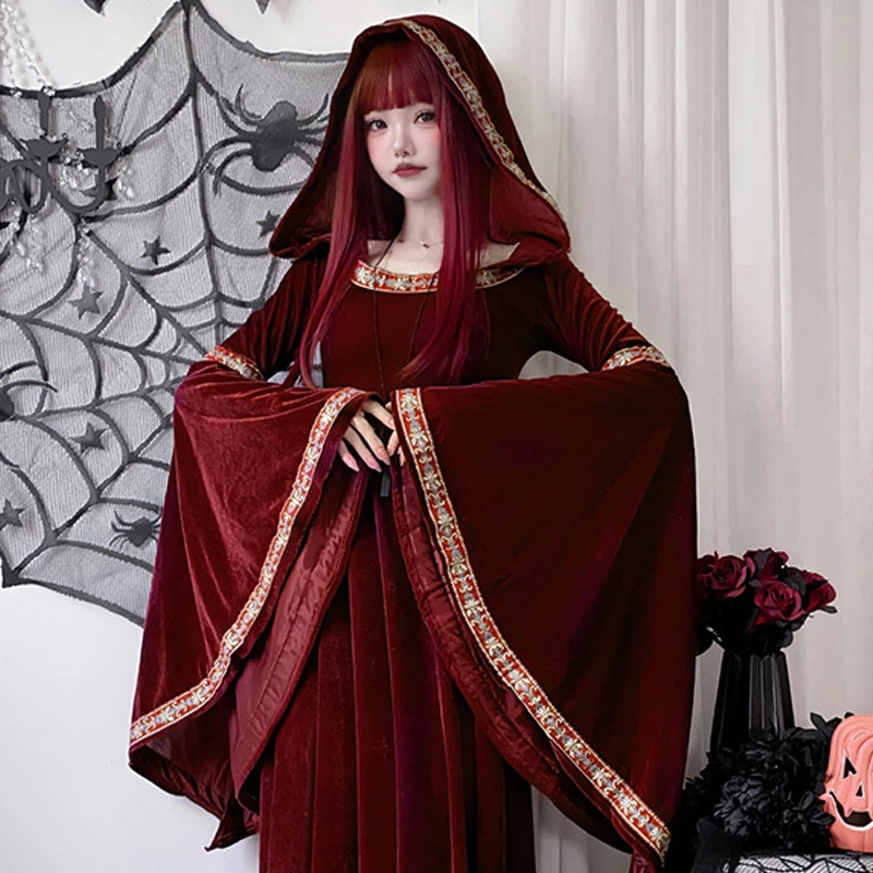 

Halloween Cosplay Costume Medieval Vintage Court European Vampire Little Red Riding Hood Witch Dress Hooded Long Dress