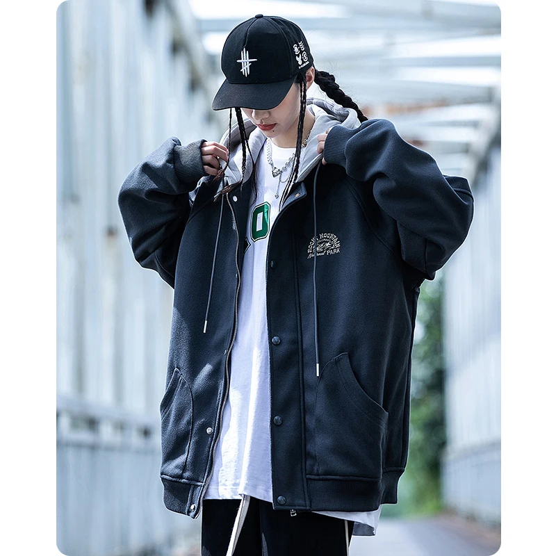 

Unisex Spring Autumn Two Fake Pieces Hooded Retro Jacket Men Clothing Streetwear Waterproof Jacket Harajuku High Street Coats