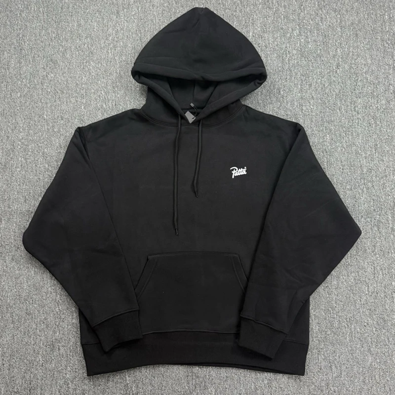 Black Casual Kangaroo Pocket PATTA Pullover Hoodies Street Trend Back Ring Text Print Loose Man Woman Patta Sweatshirts