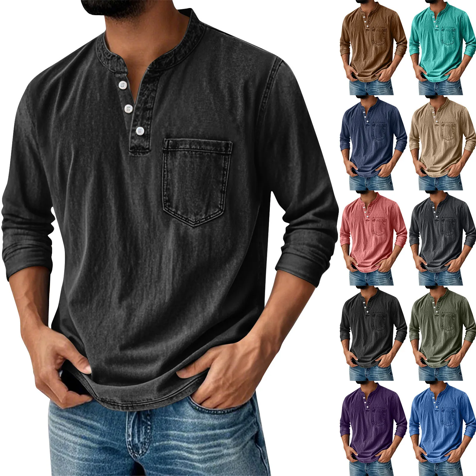Men's Causal Tops Simple Fashion Solid Color Washed Sports Pullovers Button Stand Collar Long Sleeve Tops with Chest Pocket