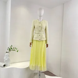 Elegant 2024 New Spring Summer Yellow Tweed Chiffon Patchwork Top Quality Pleats Midi Dresses for Women