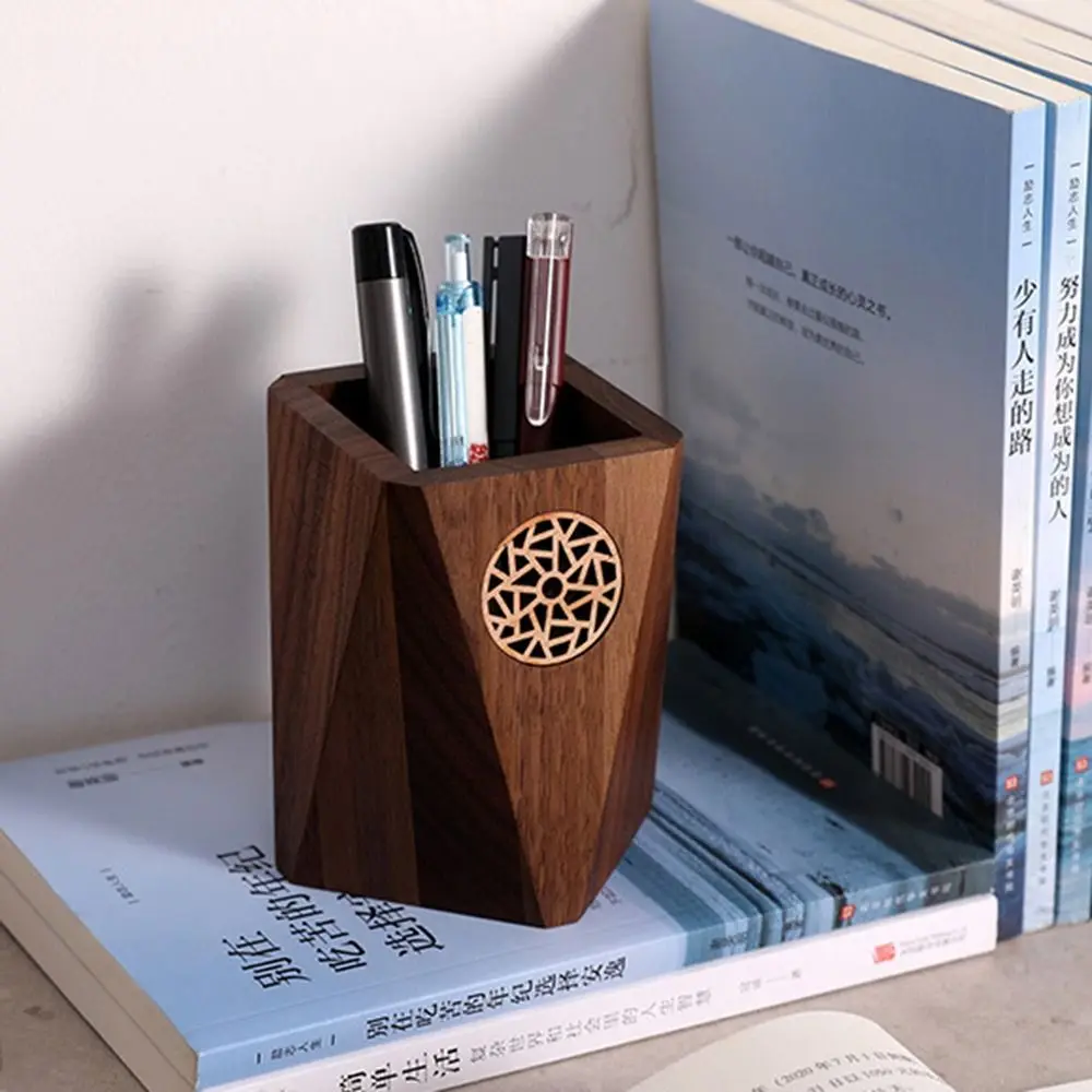 Multiple Use Wooden Pen Holder Black Walnut Vintage Marker Pen Storage Cup Square Shape Practical Wooden Pencil Box Office