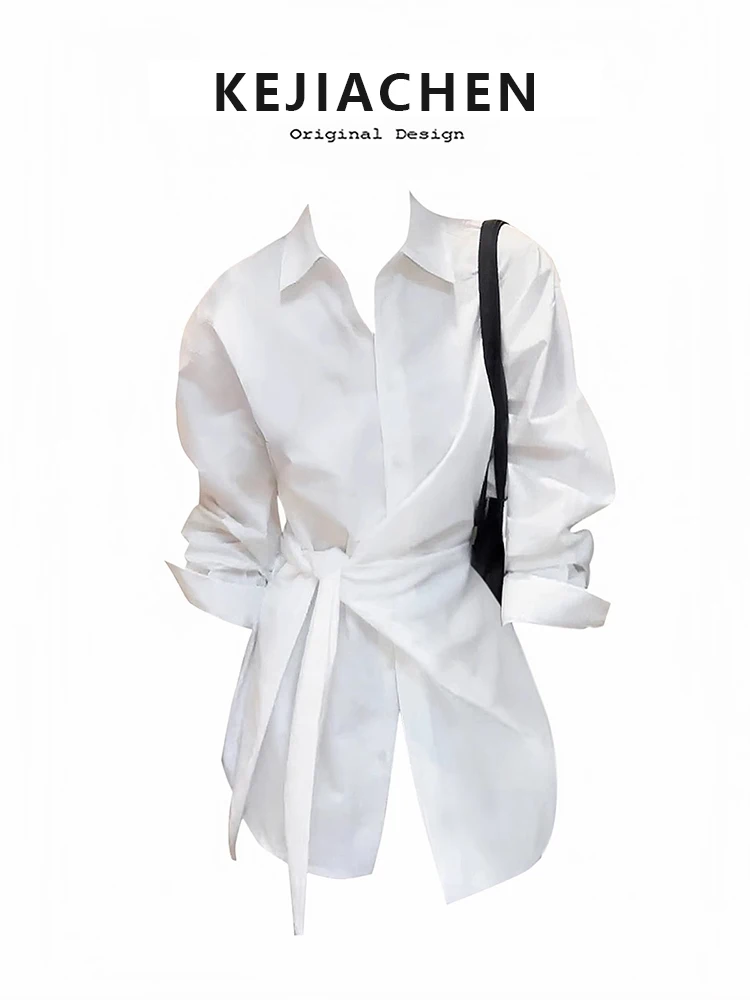 

White Belted Slim Fit Women's Shirt Commute Style Korean Version Tie Design Casual Loose Early Autumn Top Inner Wear