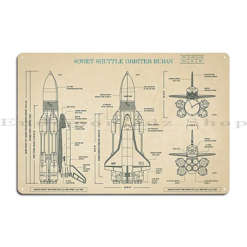 Buran Soviet Shuttle Orbiter Parchment Metal Plaque Poster Club Garage Design Wall Mural Garage Tin Sign Poster