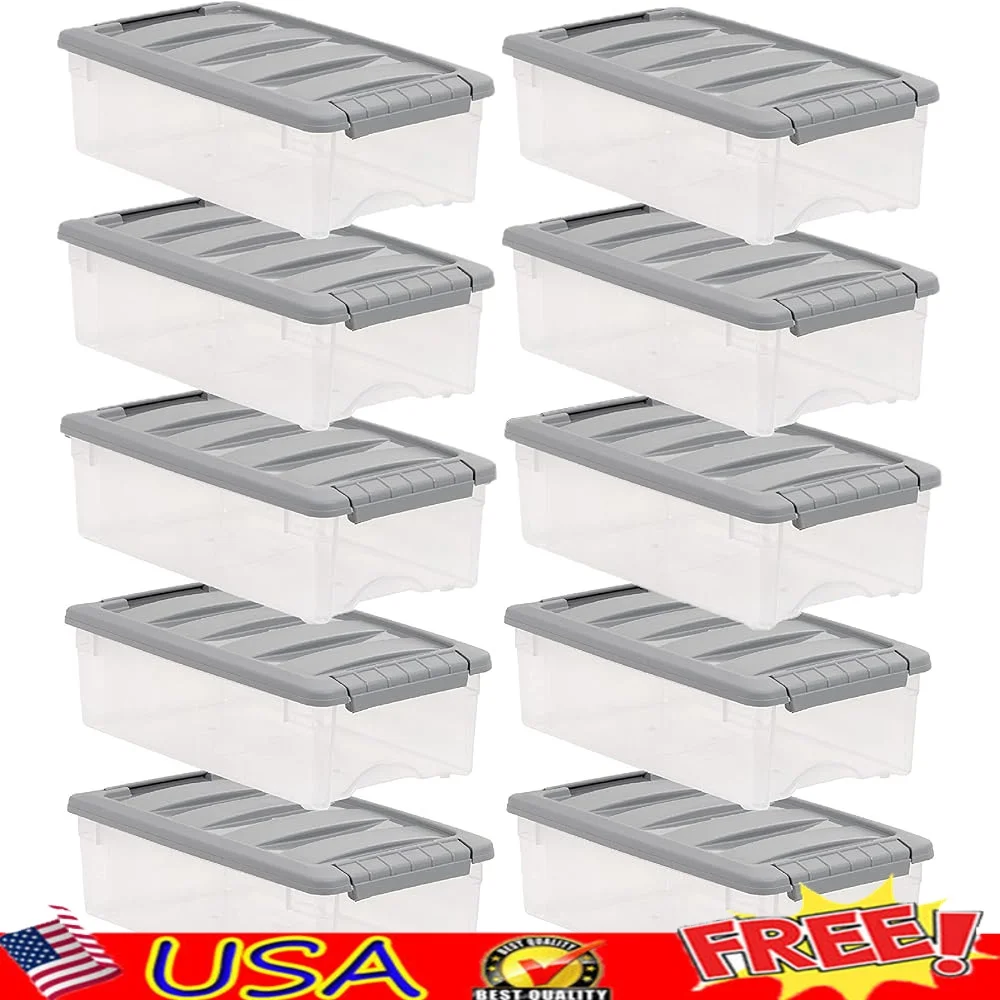 

Plastic Storage Bins Set of 10 Stackable Containers with Latching Lids Clear Lightweight Organization Solution Home Office