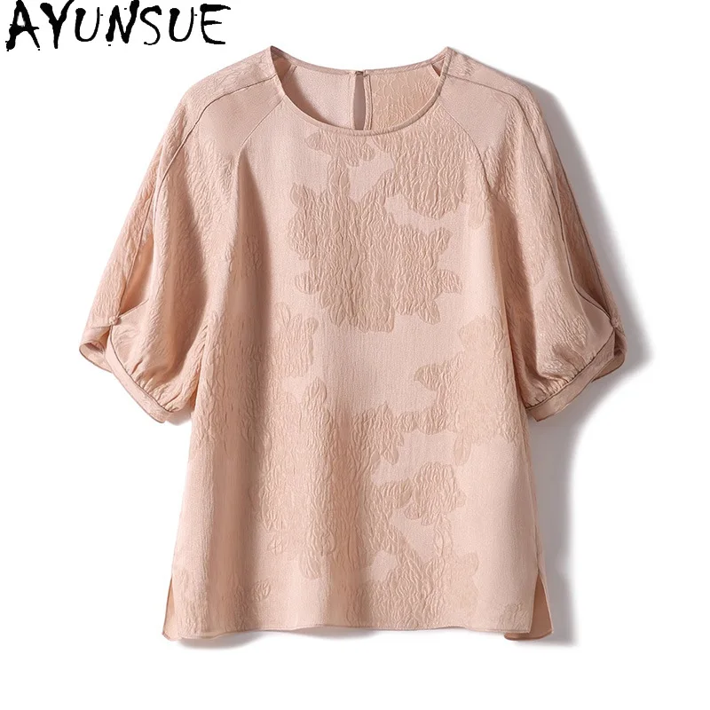 AYUNSUE 100% Mulberry Silk Women's T-shirts Short Sleeve Tops for Woman Elegant Stylish Pink Shirt Summer Clothes for Woman 티셔츠