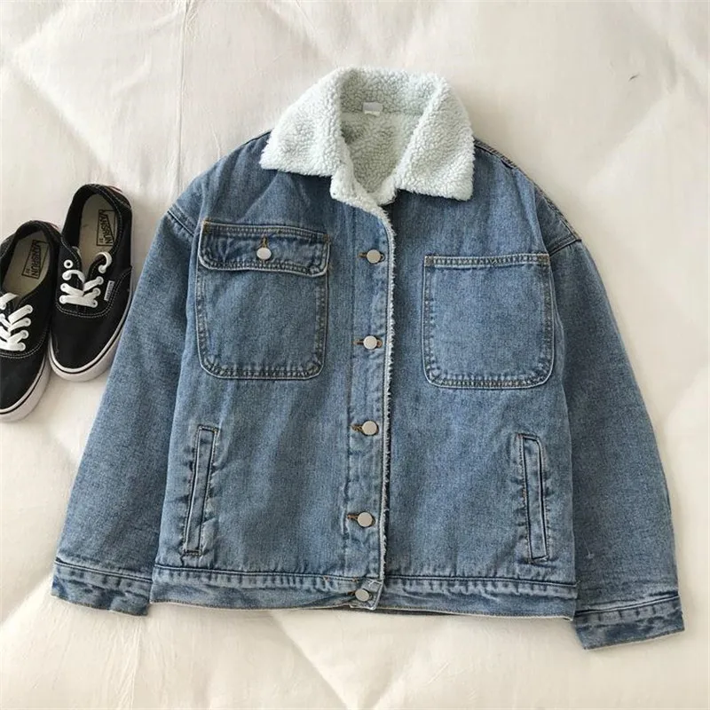 Warm Denim Jacket Women\'s Autumn Winter 2023 New Korean Lamb wool Plush Thicken Loose Jeans Jackets Casual Female Basic Coat