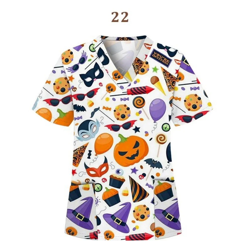 ใหม่ผู้หญิงฮาโลวีนพิมพ์ชุดพยาบาลแขนสั้นชุดสครับคอวีเสื้อกระเป๋าผู้ดูแลทำงานสวมใส่เครื่องแบบทางการแพทย์