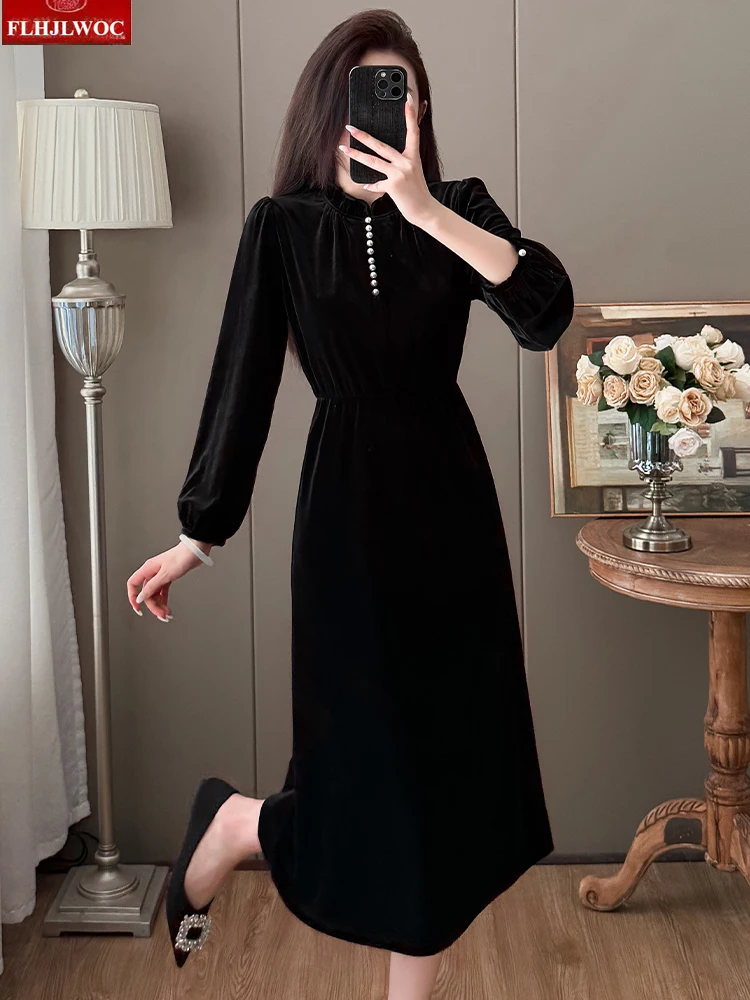 فساتين قميص أسود مخملي تصميم فرنسي ساخن امرأة السنة الجديدة بلينغ زر الوقوف طوق ريترو خمر فستان طويل فساتين المؤنث #4