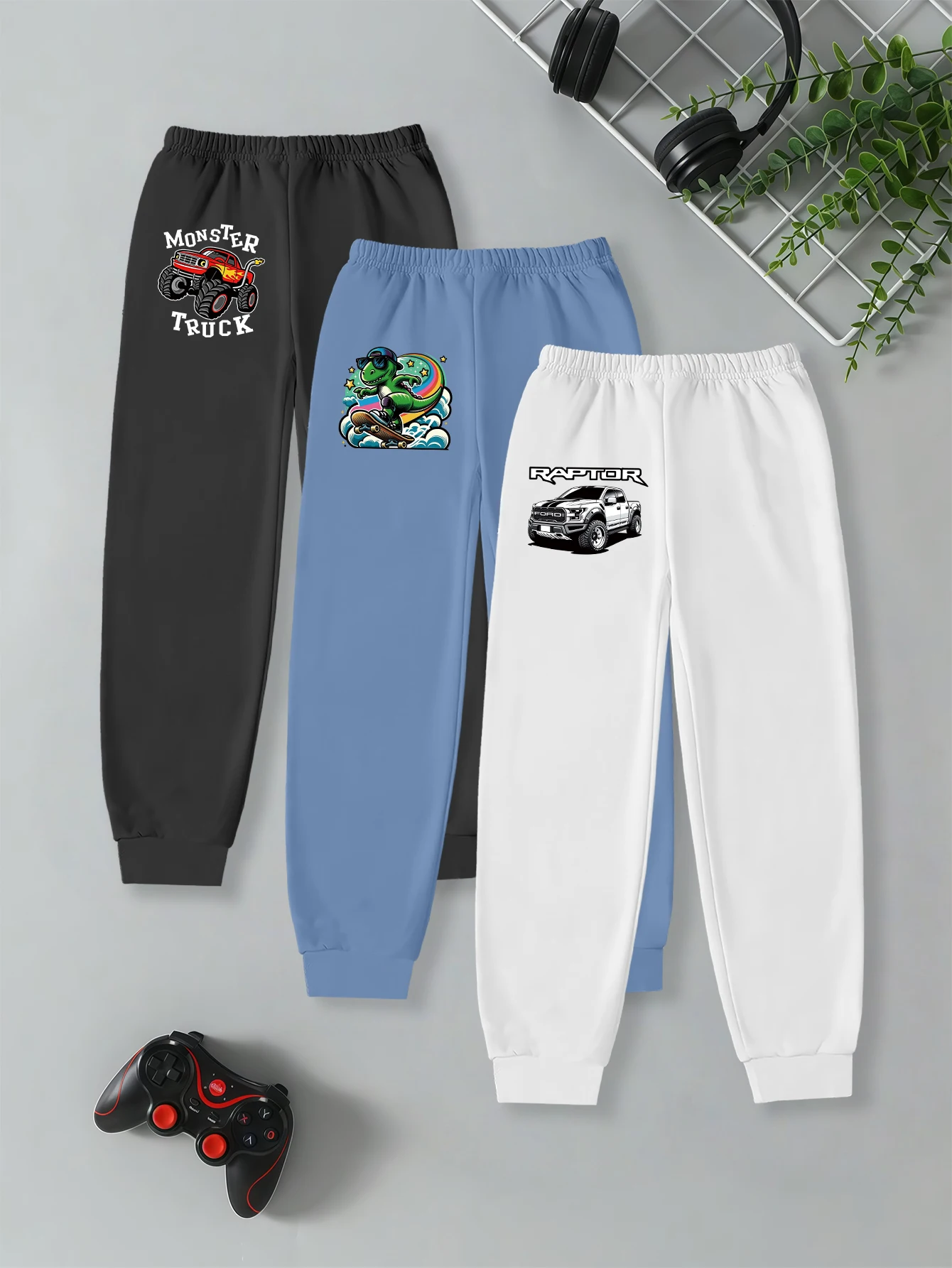 

3 шт.: повседневные спортивные штаны для мальчиков с принтом: мультяшный пикап, динозавр и внедорожник, для осени