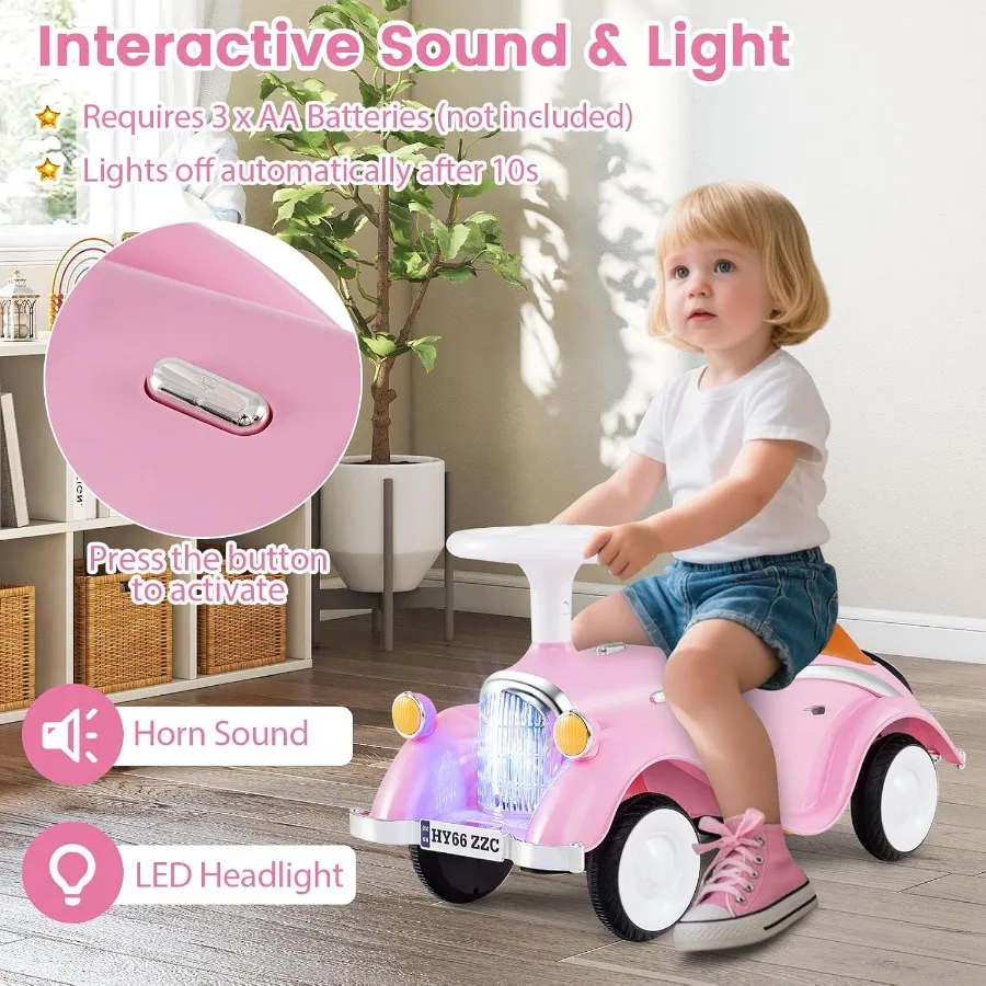 ركوب على سيارة الدفع للأطفال الصغار سيارة منزلقة من القدم إلى الأرض مع صوت عجلة القيادة وتخزين تحت المقعد بدون بطاريات ركوب O