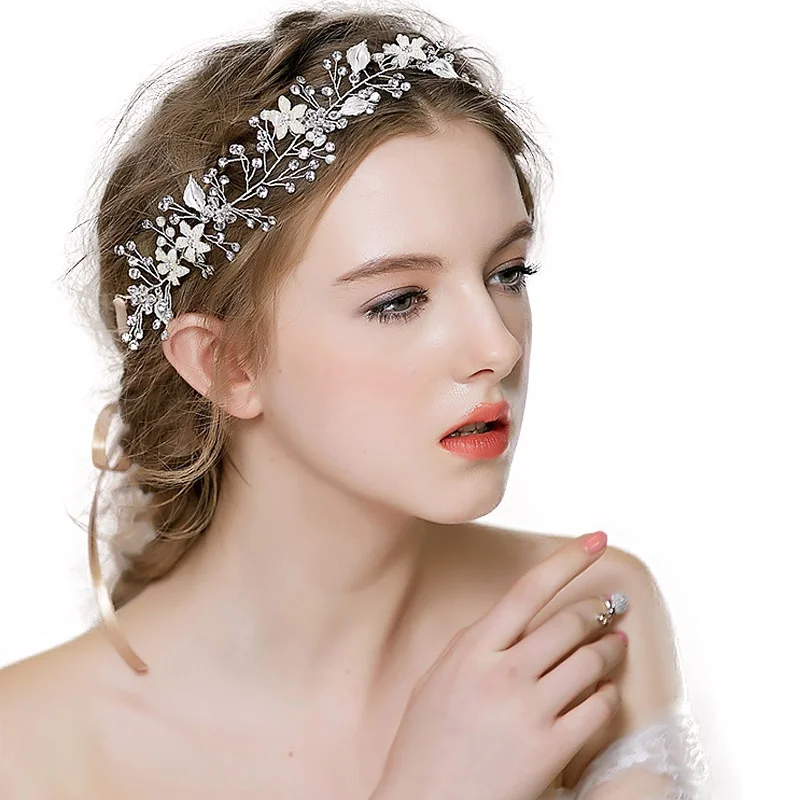 

Wedding Headband Silver Bohemian Headpiece Crystal Pearl Hair Vine Flower Halo Bridal Hair Accessories