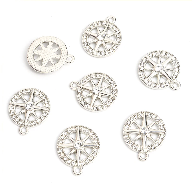 10pcs Exquisite Rhinestones Eight-pointed Star Decor Compass Charms Versatile Sweater Chain Earrings DIY Round Hollow Pendants