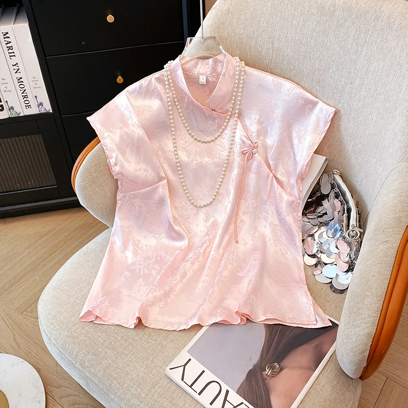 الجاكار الحرير الحرير البلوزات النساء قصيرة الأكمام الوردي قمصان النساء الرجعية الصينية خمر العرقية نمط بلوزات بلا اكمام المتضخم